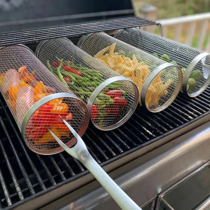 Grill Basket with 360-Degree Rotation and Locking Latch, Stainless Steel All Vera Mart