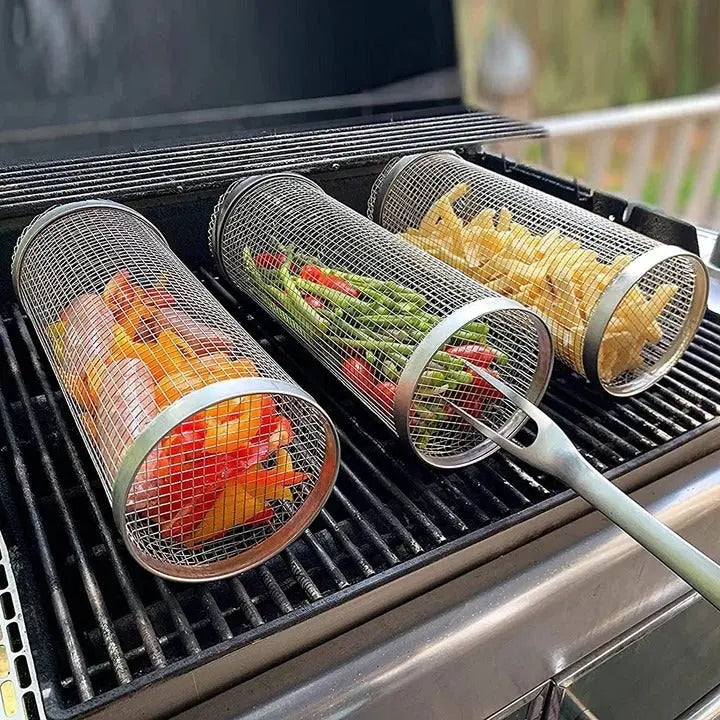 Grill Basket with 360-Degree Rotation and Locking Latch, Stainless Steel All Vera Mart