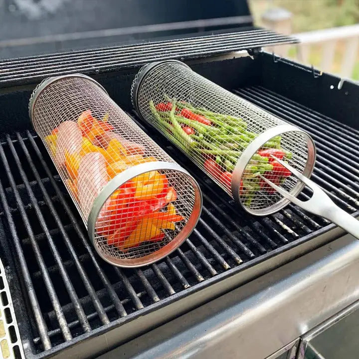 Grill Basket with 360-Degree Rotation and Locking Latch, Stainless Steel All Vera Mart