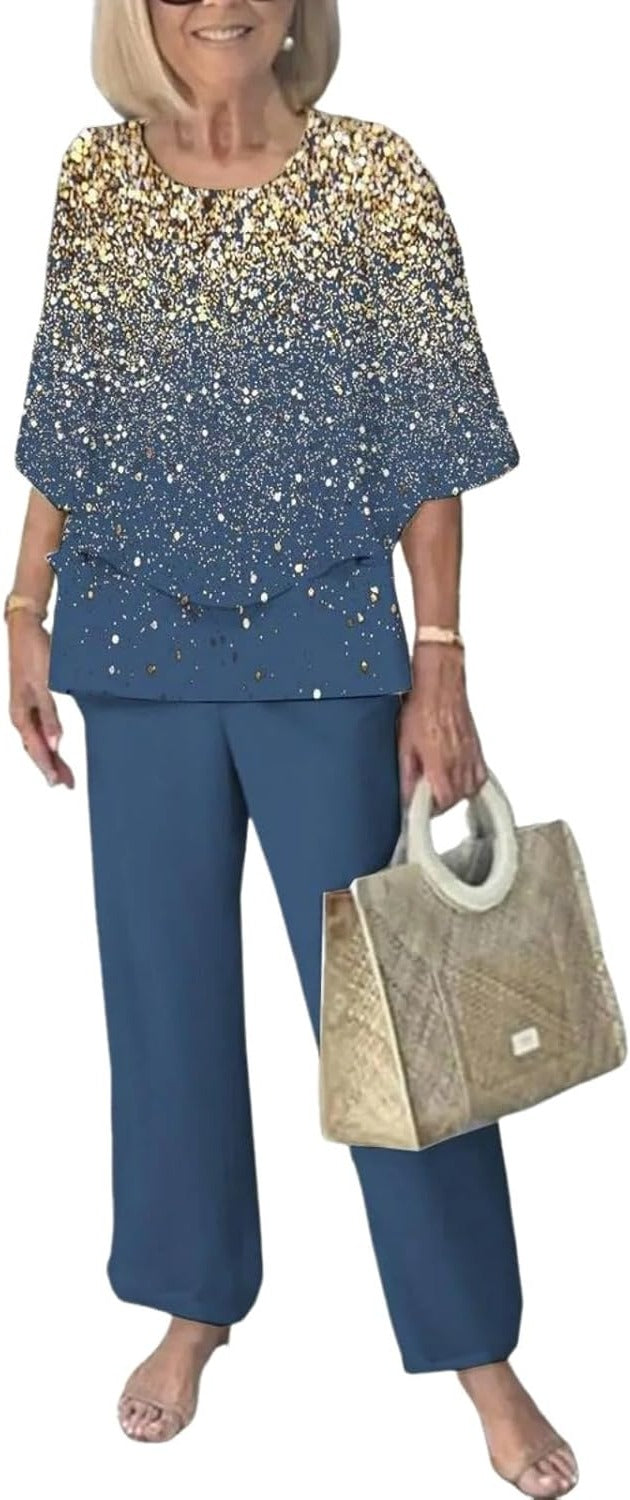 Blue Two Piece Set with Three Quarter Sleeves and Round Neckline for Women All Vera Mart