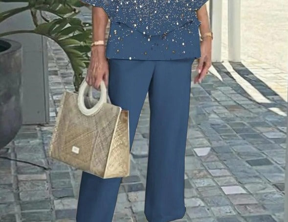Blue Two Piece Set with Three Quarter Sleeves and Round Neckline for Women All Vera Mart