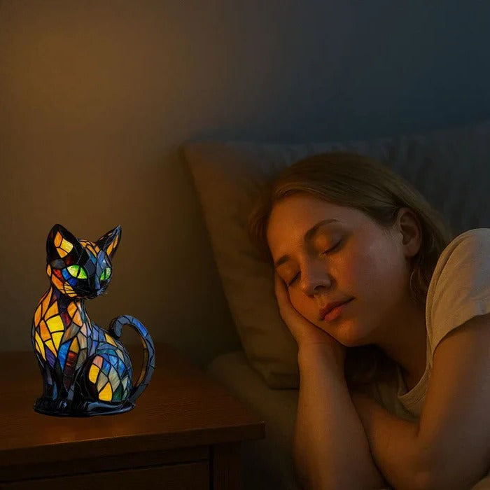 Cat Shaped Table Lamp with Stained Glass Design and Warm LED Light All Vera Mart
