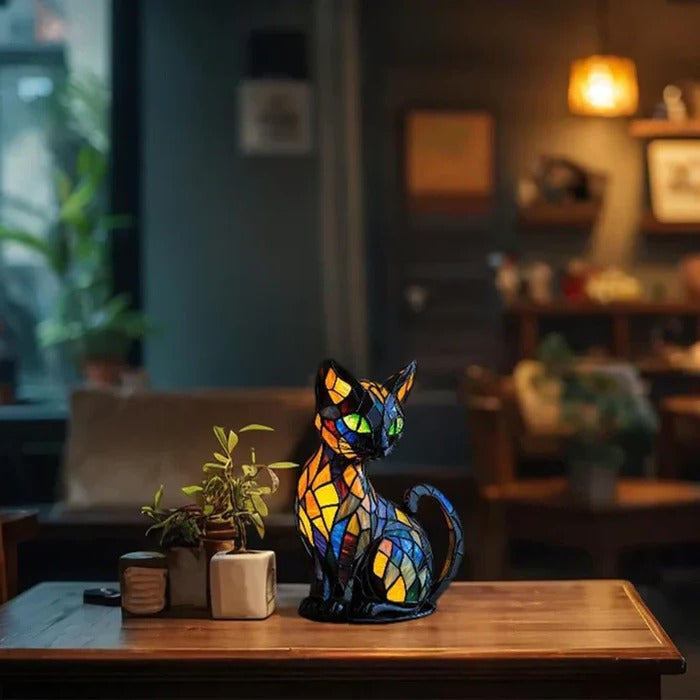 Cat Shaped Table Lamp with Stained Glass Design and Warm LED Light All Vera Mart