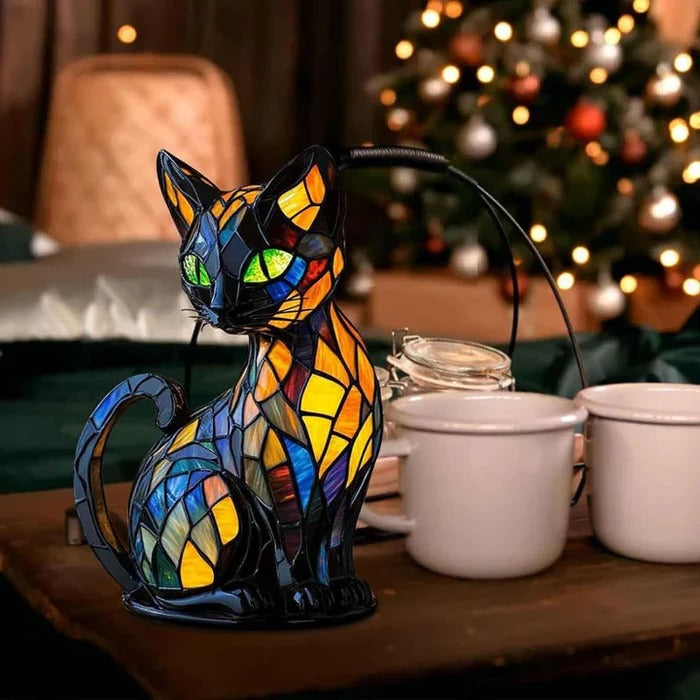 Cat Shaped Table Lamp with Stained Glass Design and Warm LED Light All Vera Mart