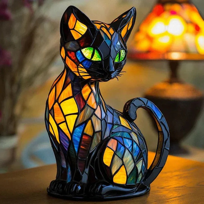 Cat Shaped Table Lamp with Stained Glass Design and Warm LED Light All Vera Mart