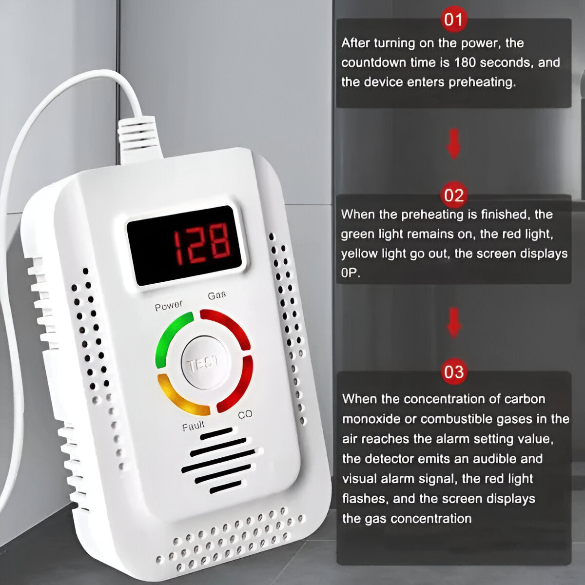 Gas and Carbon Monoxide Detector with Digital Display and Audible Alarm All Vera Mart