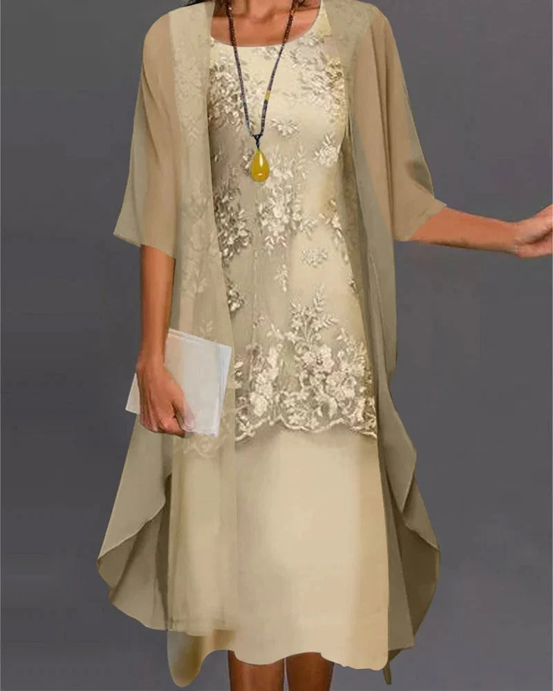 Layered Formal Dress with Textured Inner and Flowing Overlay, Pull On Style All Vera Mart