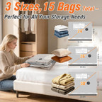 15 Pack Vacuum Storage Bags for Travel with Cordless Pump, Space Saver Bags for Clothes, Compression Packing Bags for Luggage, 15 Combo Size allveramart