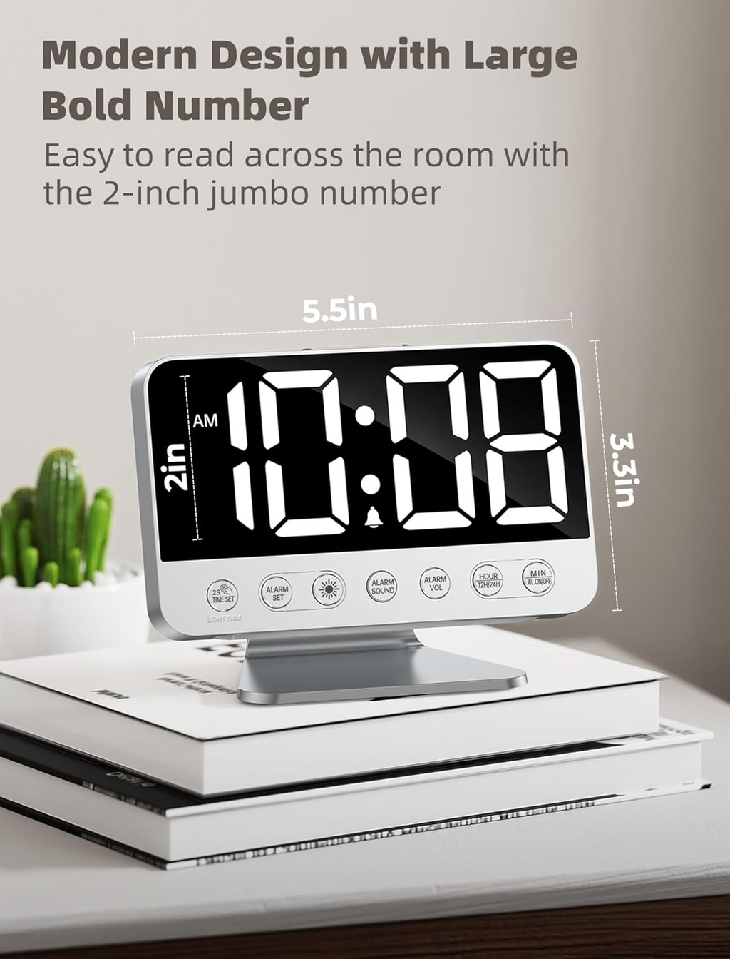 Odokee Digital Alarm Clocks for Bedrooms: Large Bold Number 5 Brightness Dimmer - Easy to Read Across The Room - 5 Alarm Sound 8 Night Light - Silver allveramart