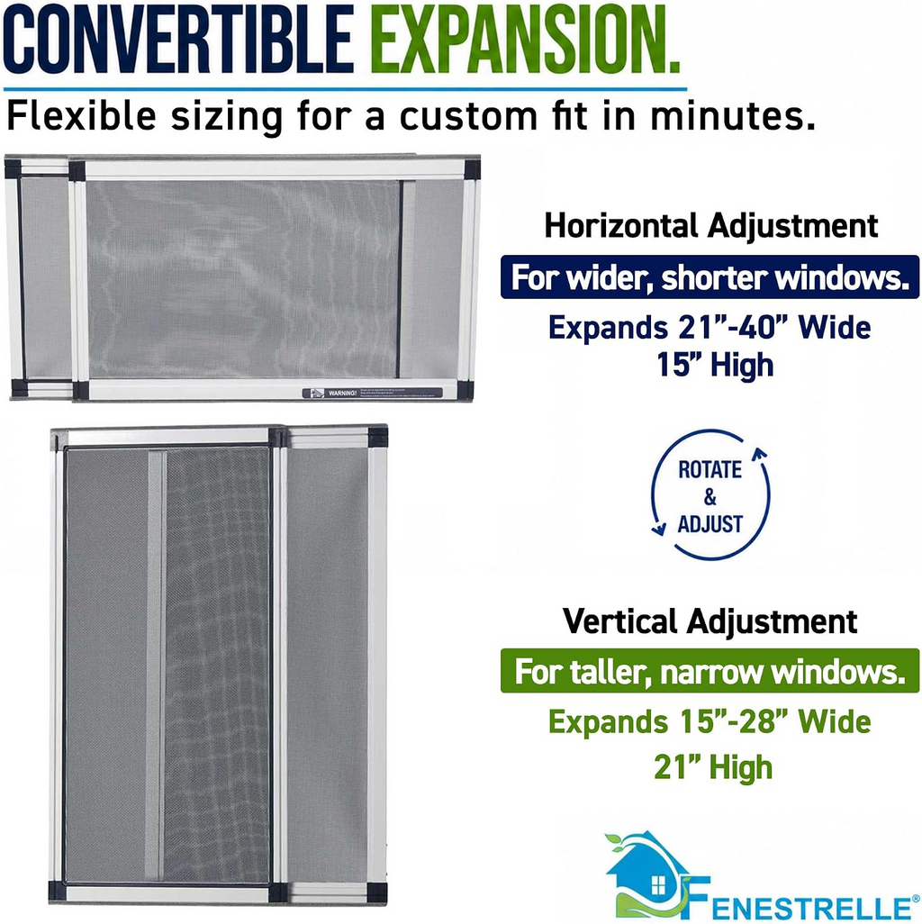 Fenestrelle Expandable Window Screen – 15″ H × 21″–40″ W Horizontal, 2‑Way Adjustable Window Screen with Flame Resistant Fiberglass Mesh, Pack of 2 allveramart