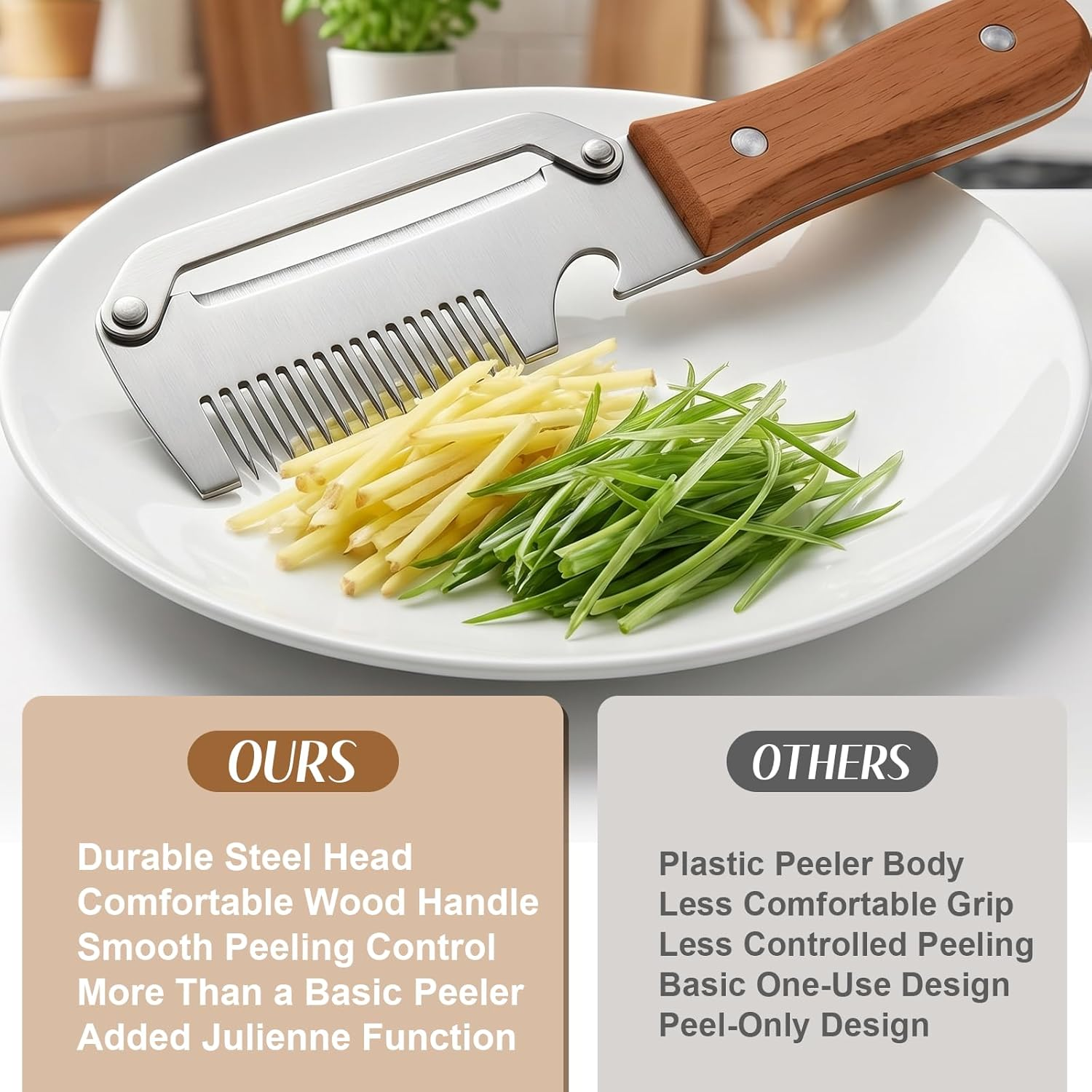 2026 Upgrade Vegetable Peeler With Wooden Handle, Stainless Steel Wide Blade Potato and Carrot Peeler, 3-in-1 Veggie Peeler With Scallion Shredder and Bottle Opener for Kitchen, Camping and Trave allveramart