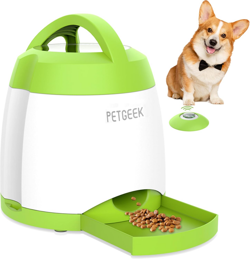 PETGEEK Dog Treat Dispenser with Button, Automatic Dog Feeder with Remote Control and Dual Power Supply, Dogs Puzzle Toys and Interactive Pet Stimulation Toys for Indoor or Outdoor Play(Green) allveramart