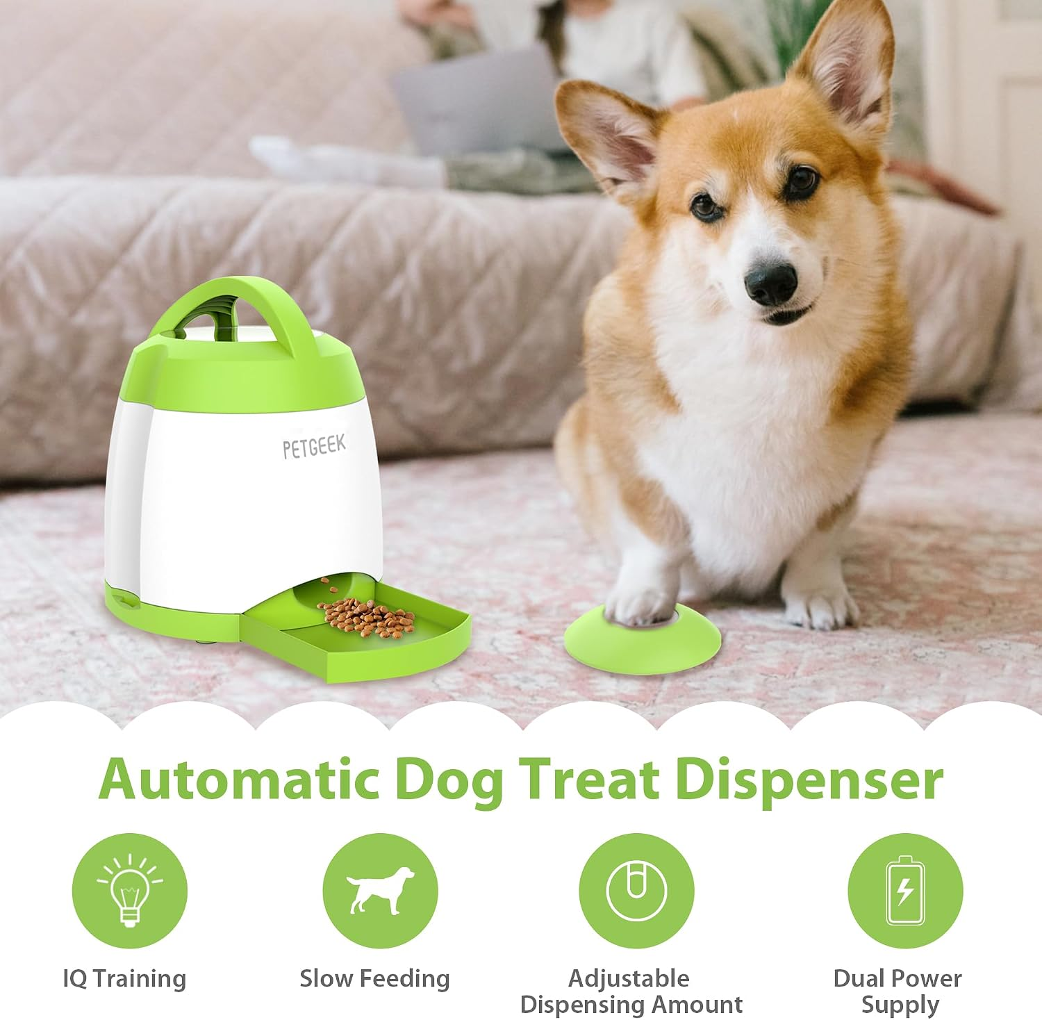 PETGEEK Dog Treat Dispenser with Button, Automatic Dog Feeder with Remote Control and Dual Power Supply, Dogs Puzzle Toys and Interactive Pet Stimulation Toys for Indoor or Outdoor Play(Green) allveramart