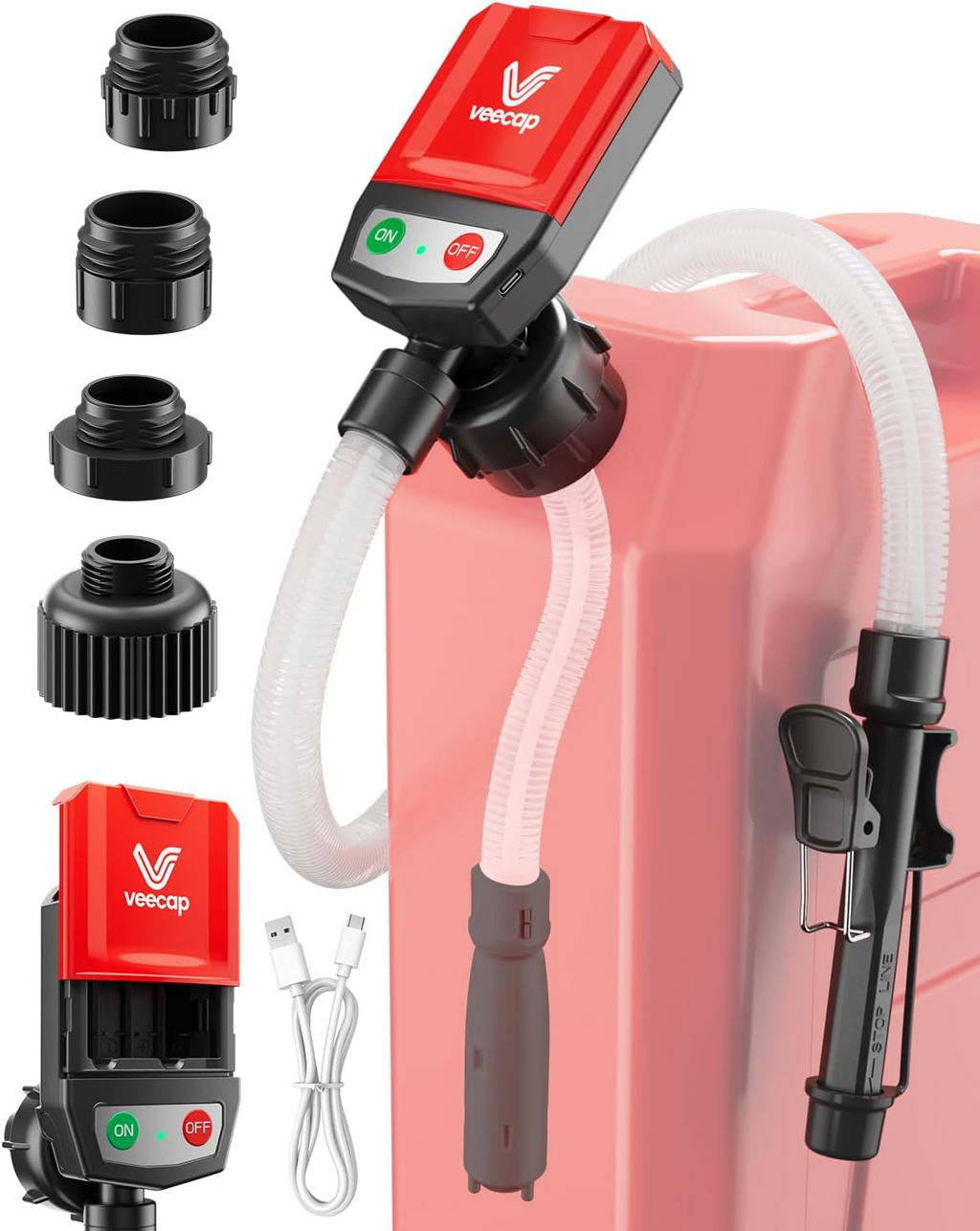 Automatic Electric Fuel Transfer Pump with Auto-Stop, 3.8GPM & 51" Hose & 4 Size Adapters Gas Can Pump with Leak Protection for Gasoline, Diesel, Kerosene, Gifts for Men Dad Him - 2nd Gen Red Black allveramart