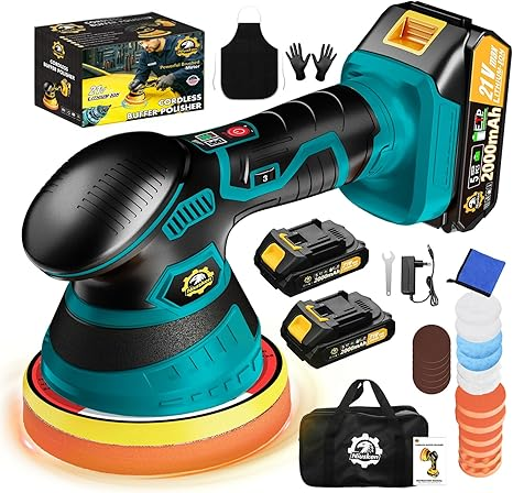 Cordless Car Buffer Polisher kit [2x 2000mAh 21V Batteries & 18 PCS Attachments] 6-Speed Orbital Design, LED Display, Lightweight Detailing Tool for Waxing, Polishing & Scratch Removal-Yellow allveramart