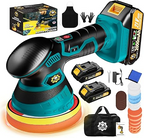 Cordless Car Buffer Polisher kit [2x 2000mAh 21V Batteries & 18 PCS Attachments] 6-Speed Orbital Design, LED Display, Lightweight Detailing Tool for Waxing, Polishing & Scratch Removal-Yellow allveramart