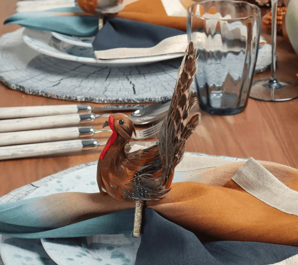 Thanksgiving Turkey Napkin Rings with Natural Feathers, Set of 4 All Vera Mart