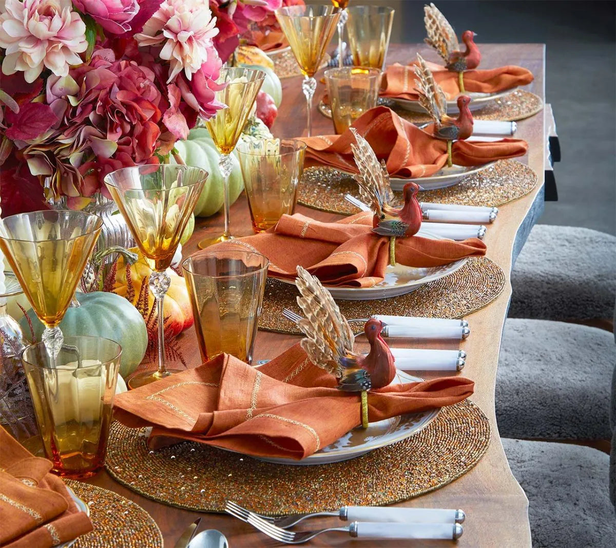 Thanksgiving Turkey Napkin Rings with Natural Feathers, Set of 4 All Vera Mart