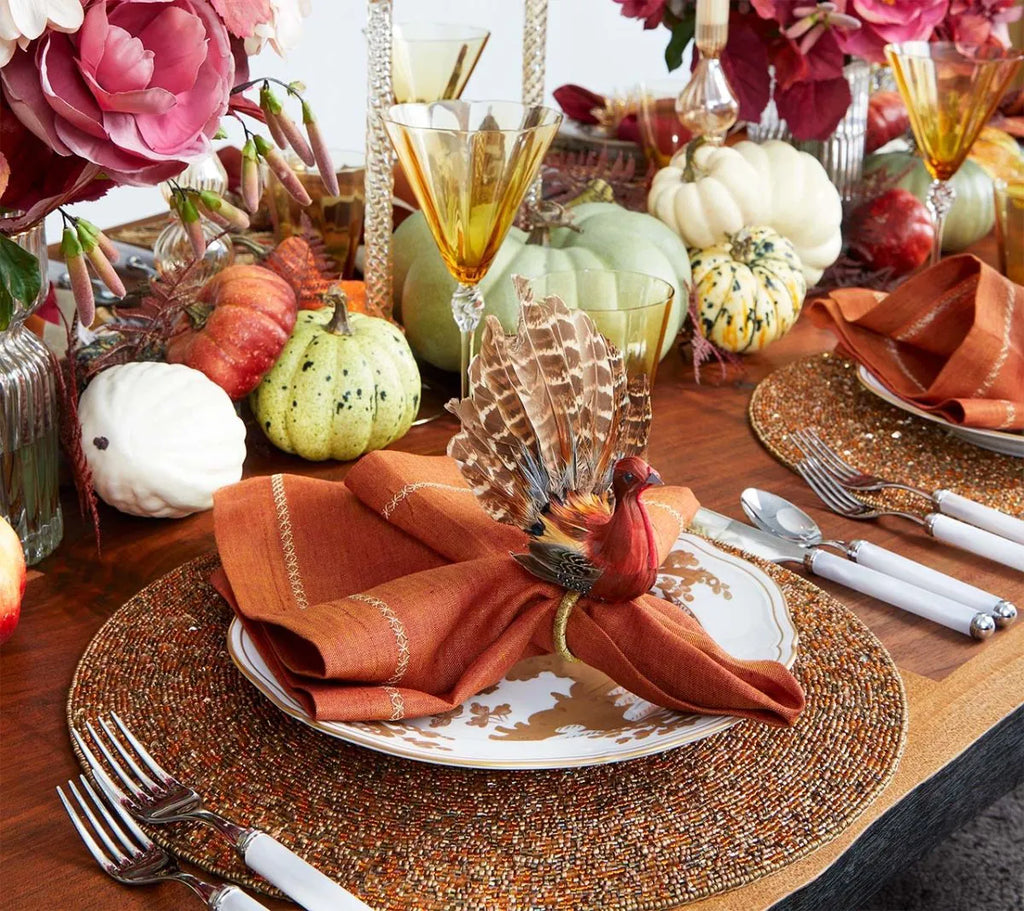 Thanksgiving Turkey Napkin Rings with Natural Feathers, Set of 4 All Vera Mart
