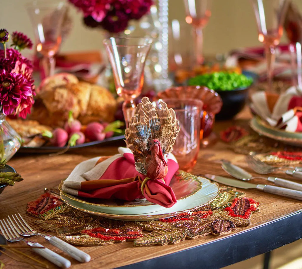 Thanksgiving Turkey Napkin Rings with Natural Feathers, Set of 4 All Vera Mart
