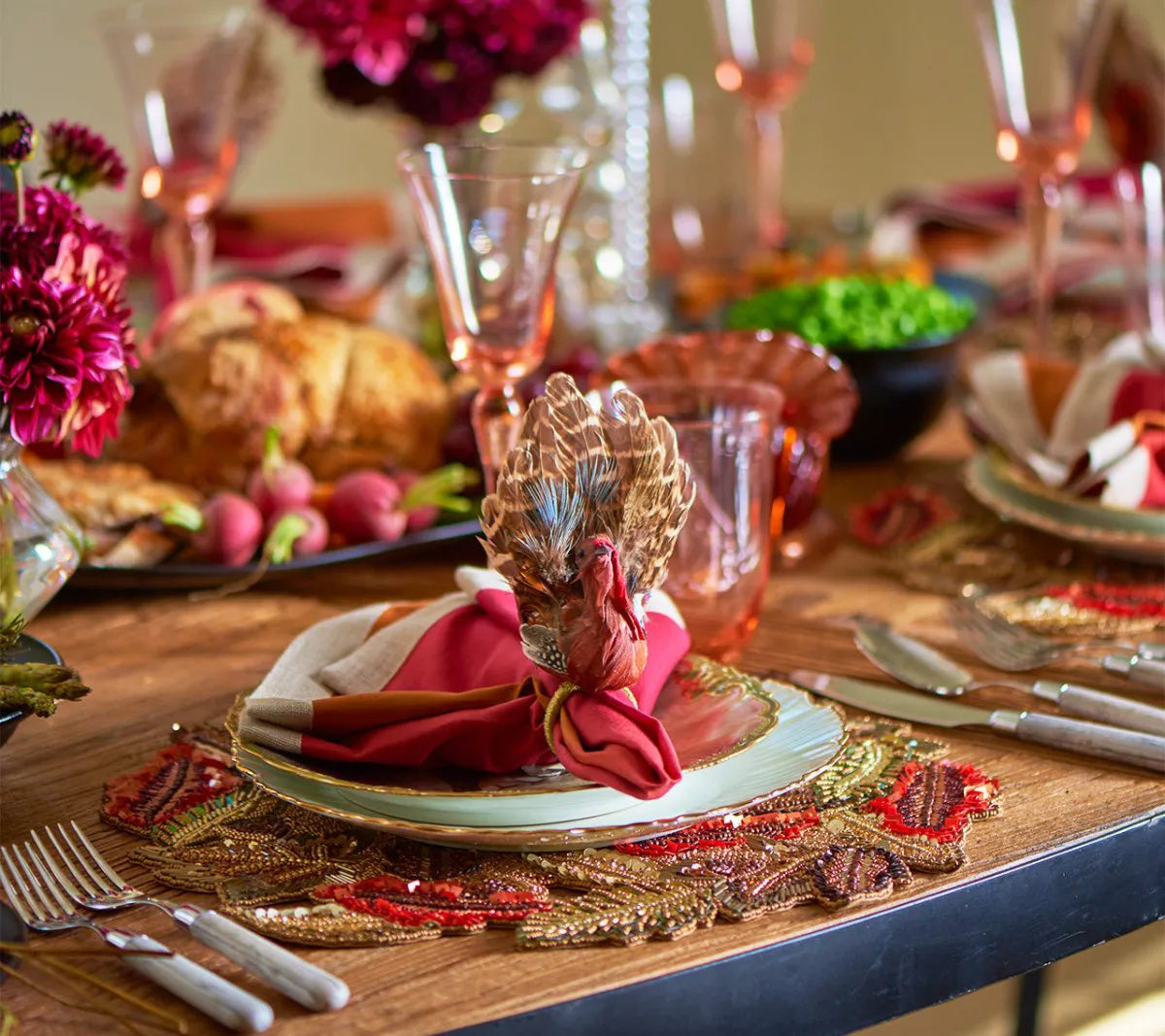 Thanksgiving Turkey Napkin Rings with Natural Feathers, Set of 4 All Vera Mart