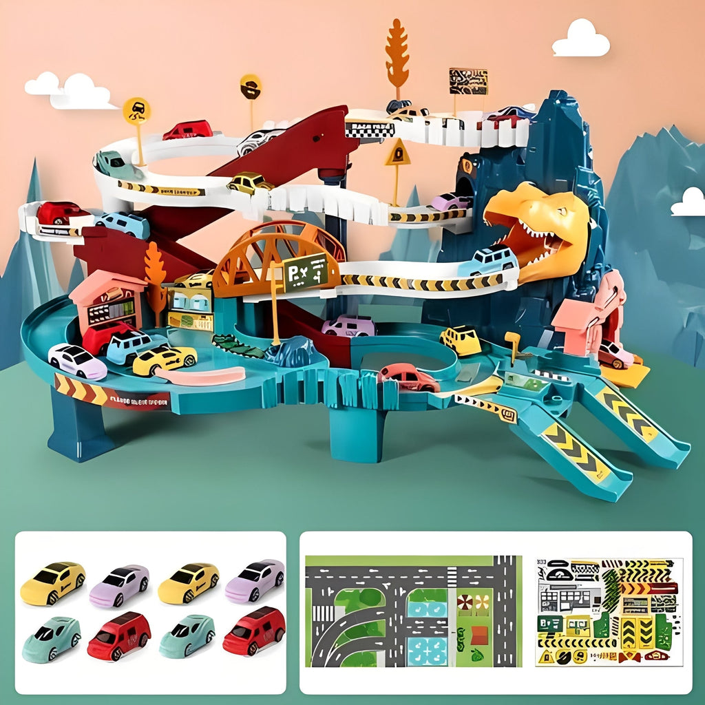 Dinosaur Race Track with Eight Toy Cars and Multi-Level Circuit Loops All Vera Mart