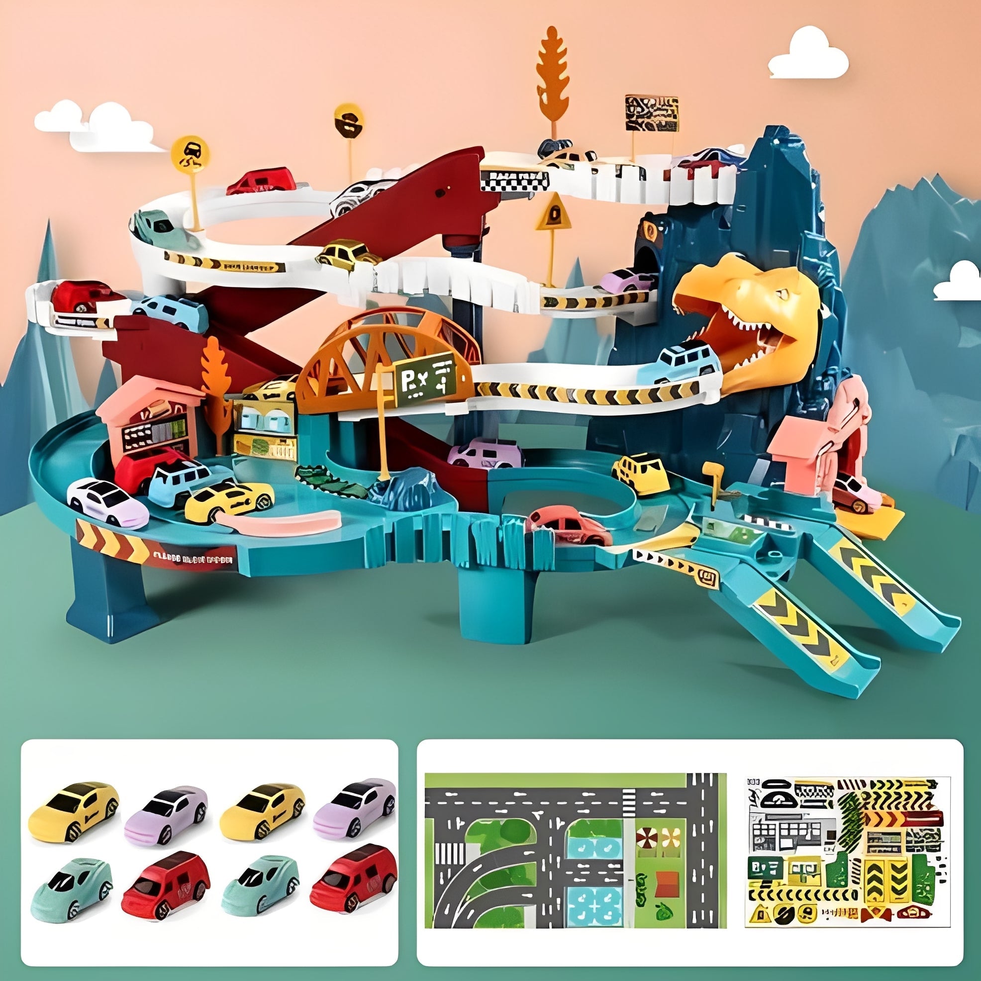 Dinosaur Race Track with Eight Toy Cars and Multi-Level Circuit Loops All Vera Mart