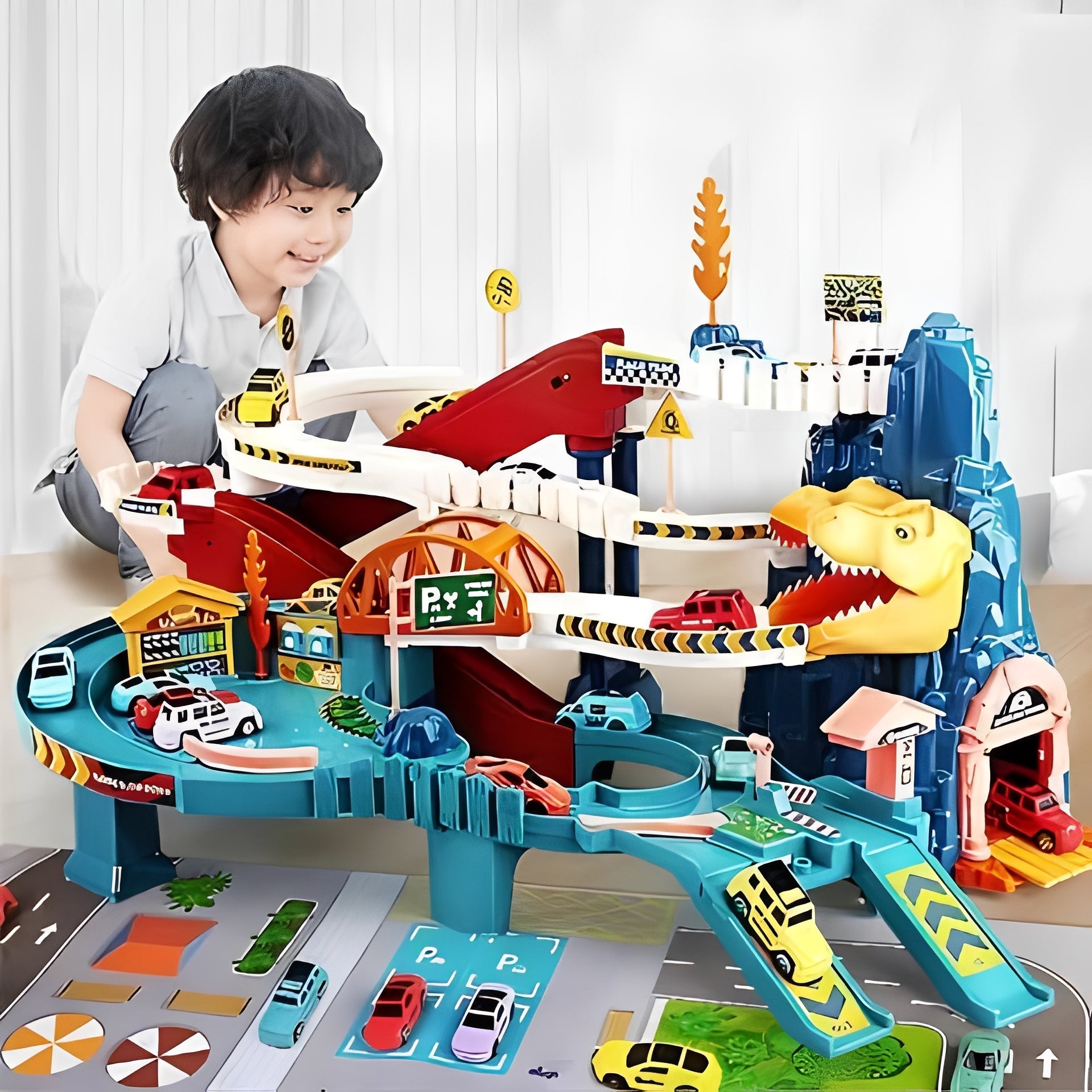 Dinosaur Race Track with Eight Toy Cars and Multi-Level Circuit Loops All Vera Mart
