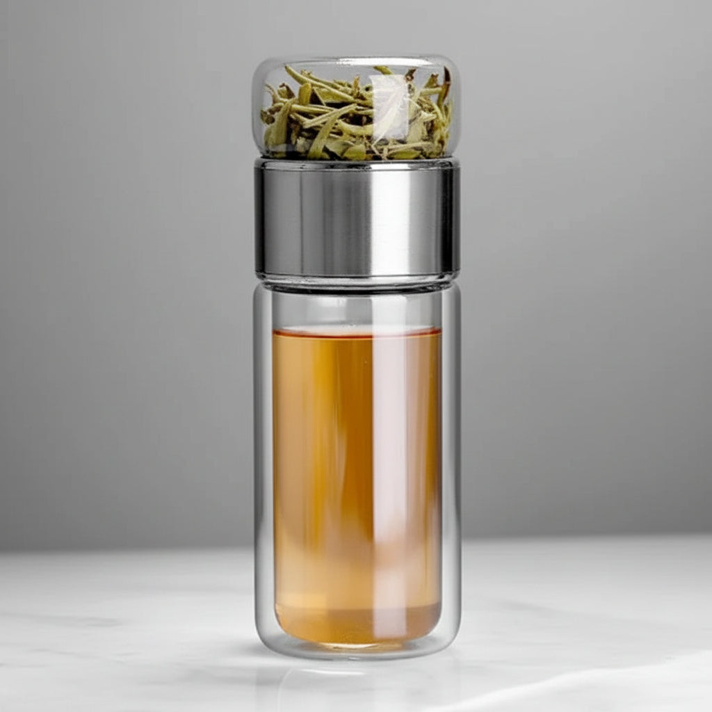 Glass Tea Infuser Bottle with Built-In Strainer and Double Wall Design, 430ml All Vera Mart