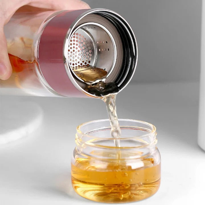 Glass Tea Infuser Bottle with Built-In Strainer and Double Wall Design, 430ml All Vera Mart