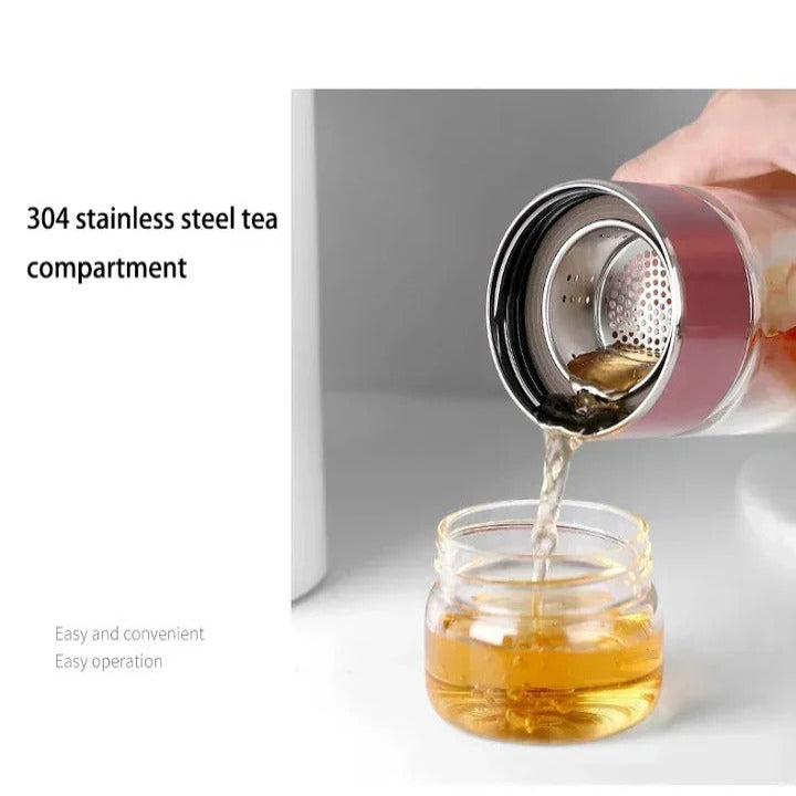 Glass Tea Infuser Bottle with Built-In Strainer and Double Wall Design, 430ml All Vera Mart