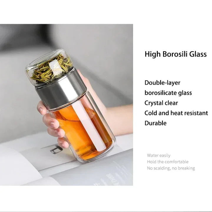 Glass Tea Infuser Bottle with Built-In Strainer and Double Wall Design, 430ml All Vera Mart