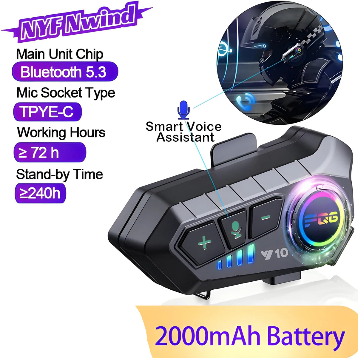 Helmet Mounted Bluetooth Headset with 30-Hour Battery and Voice Control All Vera Mart