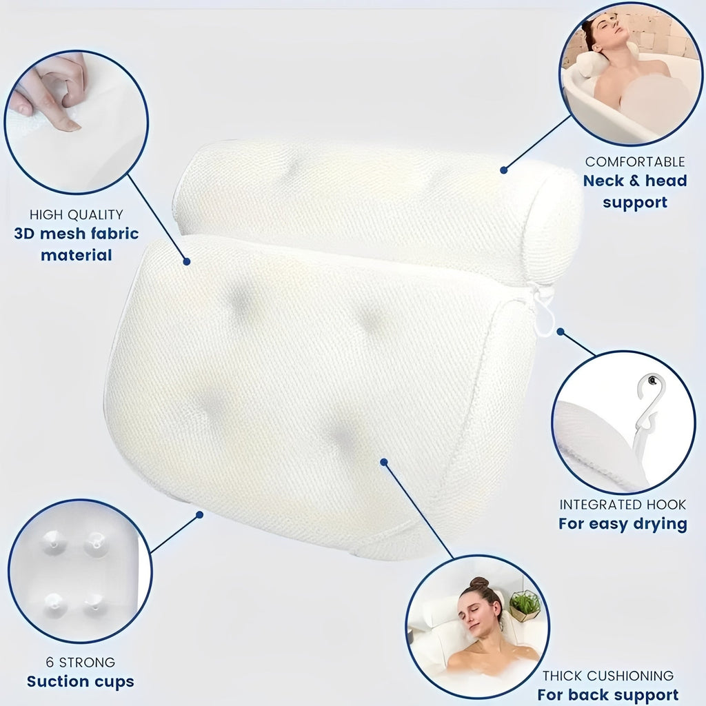 Ergonomic Bath Pillow with Six Suction Cups and Quick Dry Mesh All Vera Mart