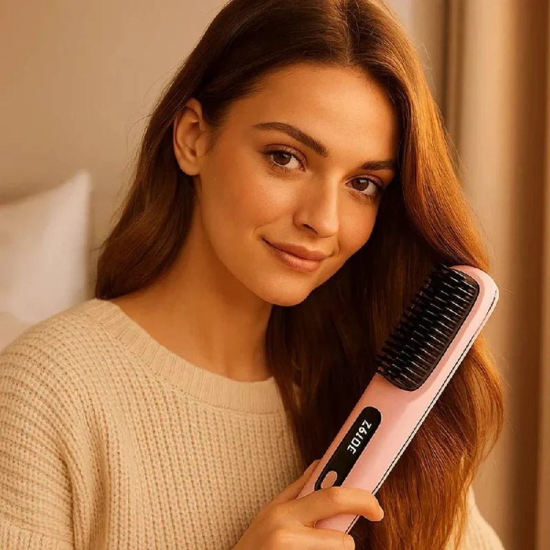 Ionic Straightening Brush with Ceramic Bristles and Adjustable Heat for All Hair Types All Vera Mart