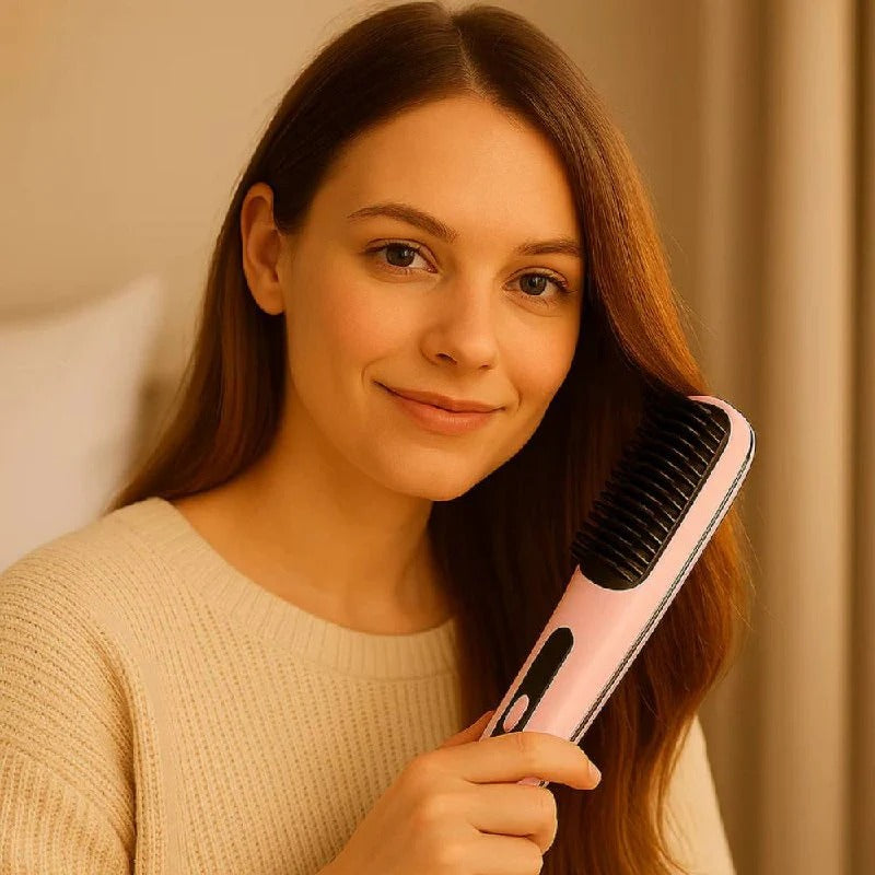 Ionic Straightening Brush with Ceramic Bristles and Adjustable Heat for All Hair Types All Vera Mart