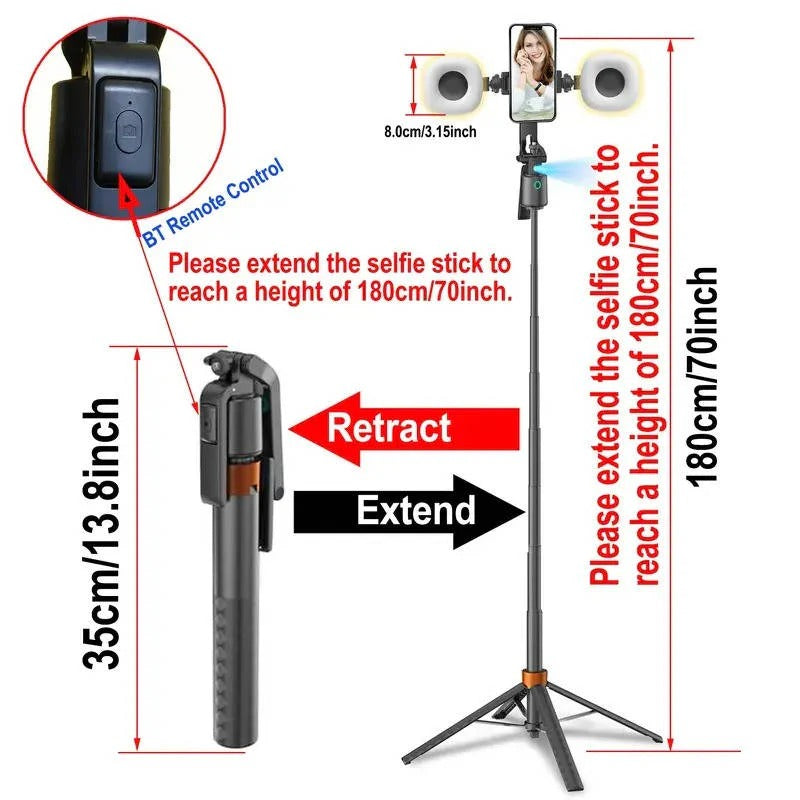 Face Tracking Phone Stand with Dual Fill Lights and Wireless Remote, 70 Inch Height All Vera Mart
