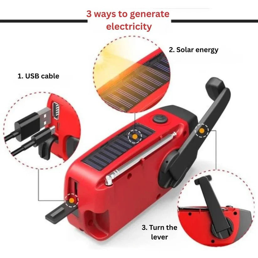 Emergency Radio with Hand Crank, Solar Panel and LED Flashlight, Device Charger All Vera Mart