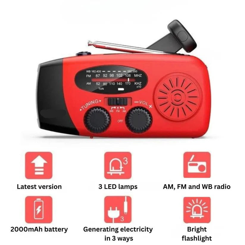 Emergency Radio with Hand Crank, Solar Panel and LED Flashlight, Device Charger All Vera Mart
