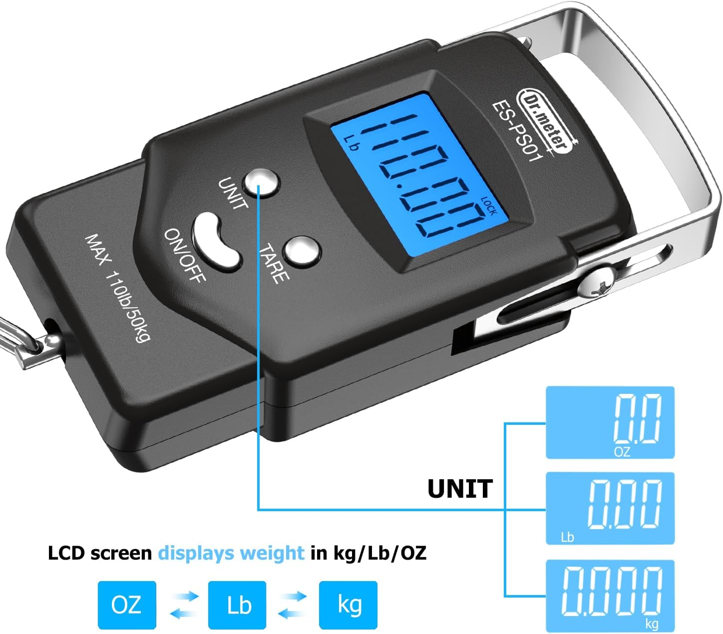 Dr.meter Fish Scale Luggage Scale Fishing Gear - 110lb Backlit LCD Display Digital Scale with Built-in Measuring Tape - Fishing Scale with 2 AAA Batteries, Pocket Size - Fishing Gifts for Men allveramart