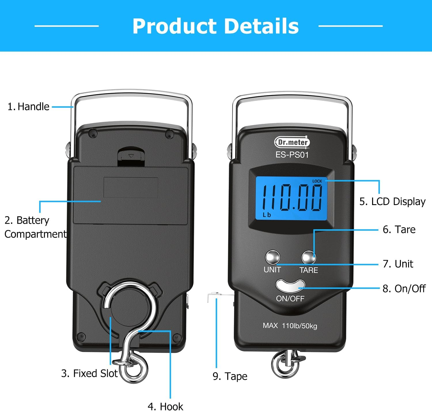 Dr.meter Fish Scale Luggage Scale Fishing Gear - 110lb Backlit LCD Display Digital Scale with Built-in Measuring Tape - Fishing Scale with 2 AAA Batteries, Pocket Size - Fishing Gifts for Men allveramart