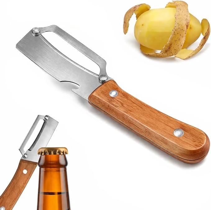 2026 Upgrade Vegetable Peeler With Wooden Handle, Stainless Steel Wide Blade Potato and Carrot Peeler, 3-in-1 Veggie Peeler With Scallion Shredder and Bottle Opener for Kitchen, Camping and Trave allveramart