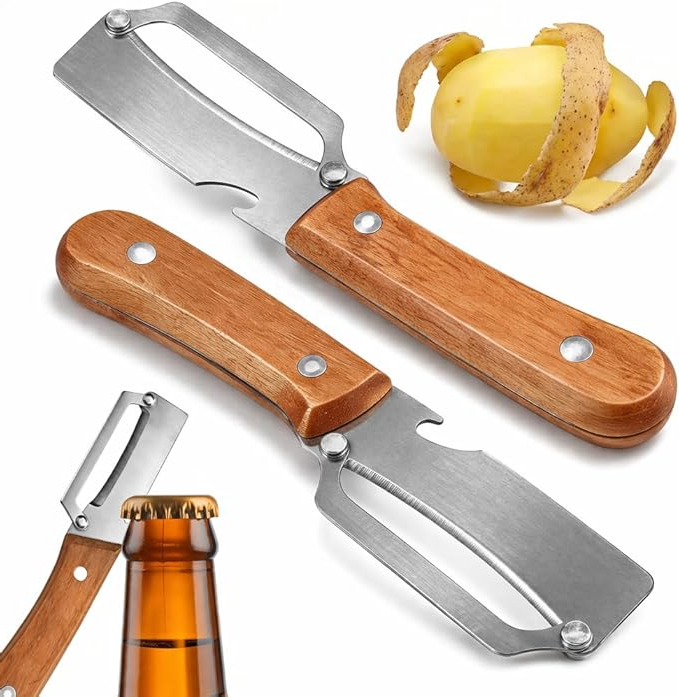 2026 Upgrade Vegetable Peeler With Wooden Handle, Stainless Steel Wide Blade Potato and Carrot Peeler, 3-in-1 Veggie Peeler With Scallion Shredder and Bottle Opener for Kitchen, Camping and Trave allveramart