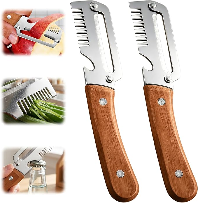 2026 Upgrade Vegetable Peeler With Wooden Handle, Stainless Steel Wide Blade Potato and Carrot Peeler, 3-in-1 Veggie Peeler With Scallion Shredder and Bottle Opener for Kitchen, Camping and Trave allveramart