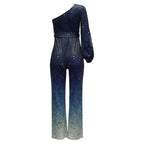 Blue Sequin Jumpsuit with Asymmetric One-Shoulder Neckline and Tie Belt All Vera Mart