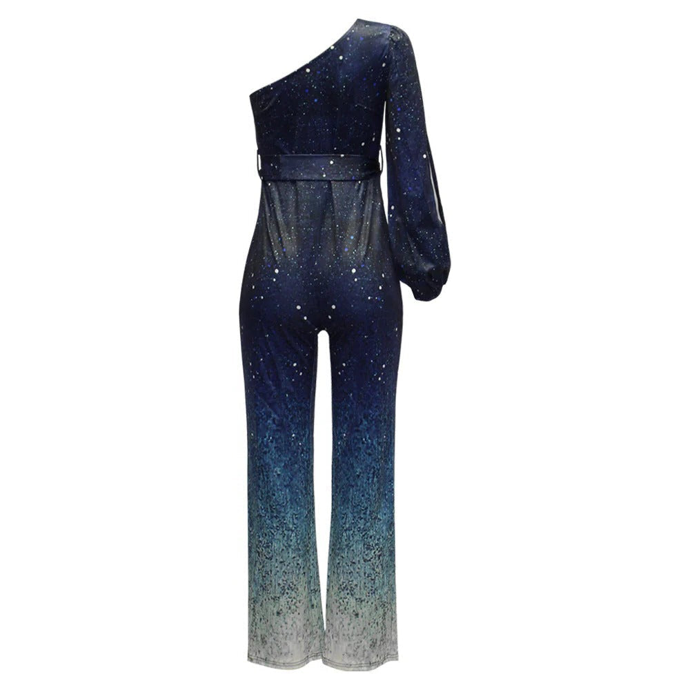 Blue Sequin Jumpsuit with Asymmetric One-Shoulder Neckline and Tie Belt All Vera Mart