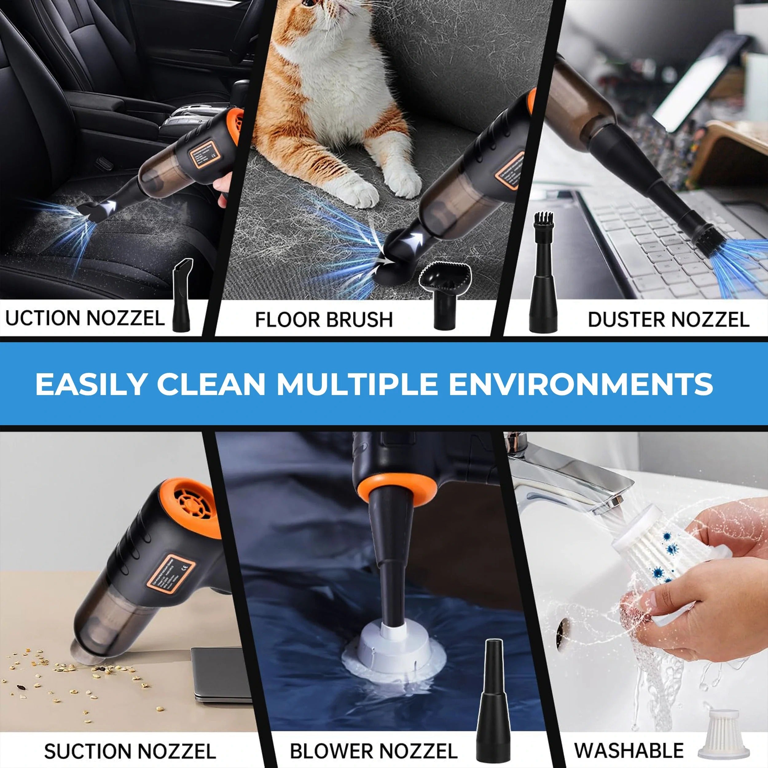 Handheld Vacuum with 90,000 Pa Suction and Six Interchangeable Nozzles for Car Interiors All Vera Mart