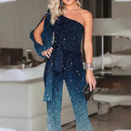 Blue Sequin Jumpsuit with Asymmetric One-Shoulder Neckline and Tie Belt All Vera Mart