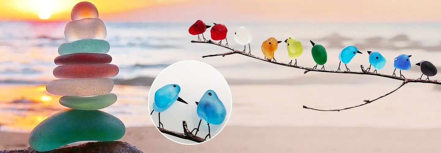 Sea Glass Bird Wall Art with Driftwood Base and Ocean Colors All Vera Mart