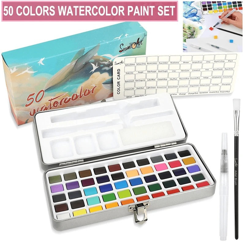 50-Color Watercolor Paint Set with Water Brush and Mixing Dishes, Portable Case All Vera Mart